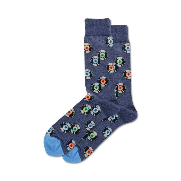  blue crew length socks for men with a repeating pattern of colorful records.    }}