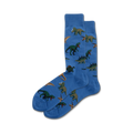 Pair of blue crew socks with a repeating pattern of green and brown dinosaurs. 