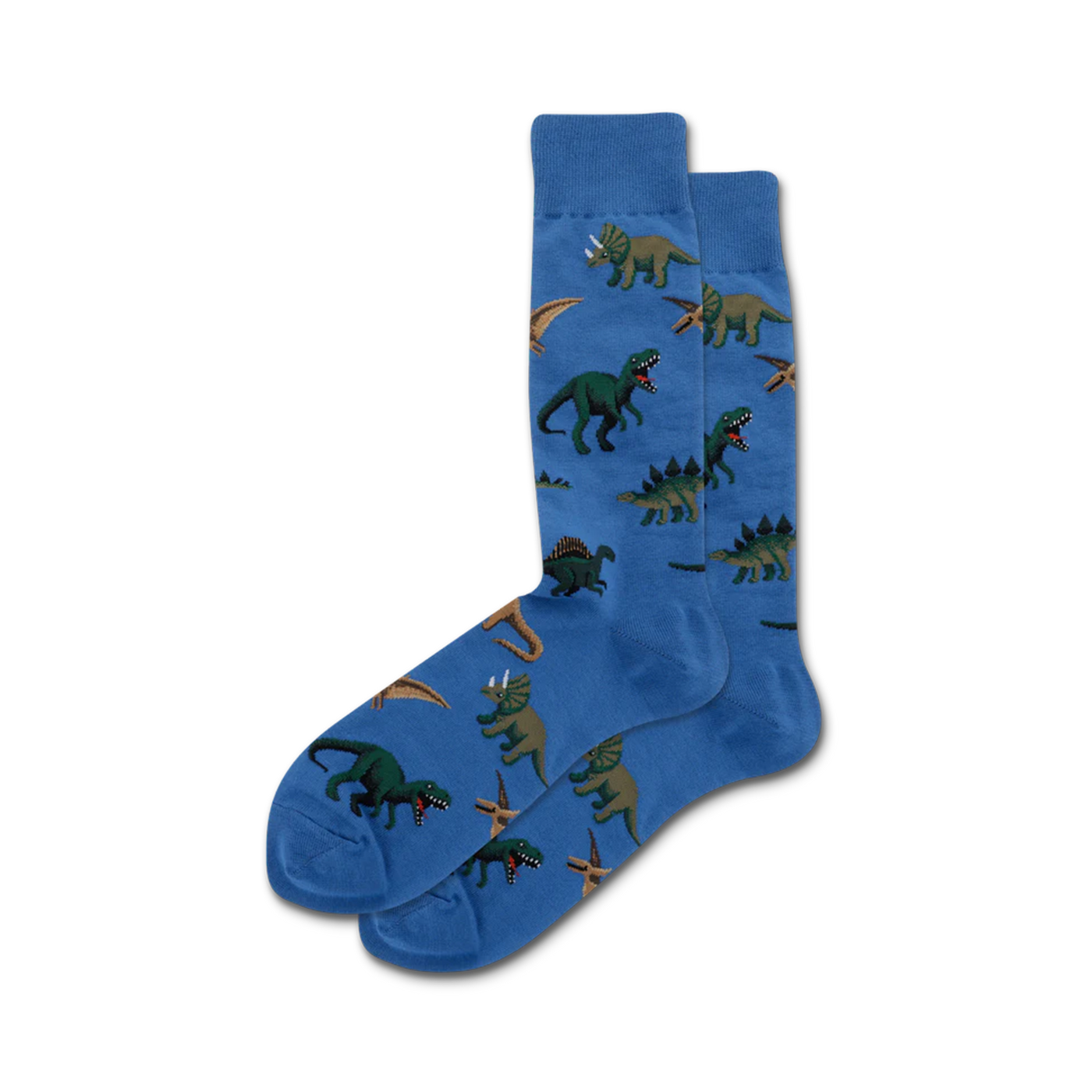 Pair of blue crew socks with a repeating pattern of green and brown dinosaurs. 
