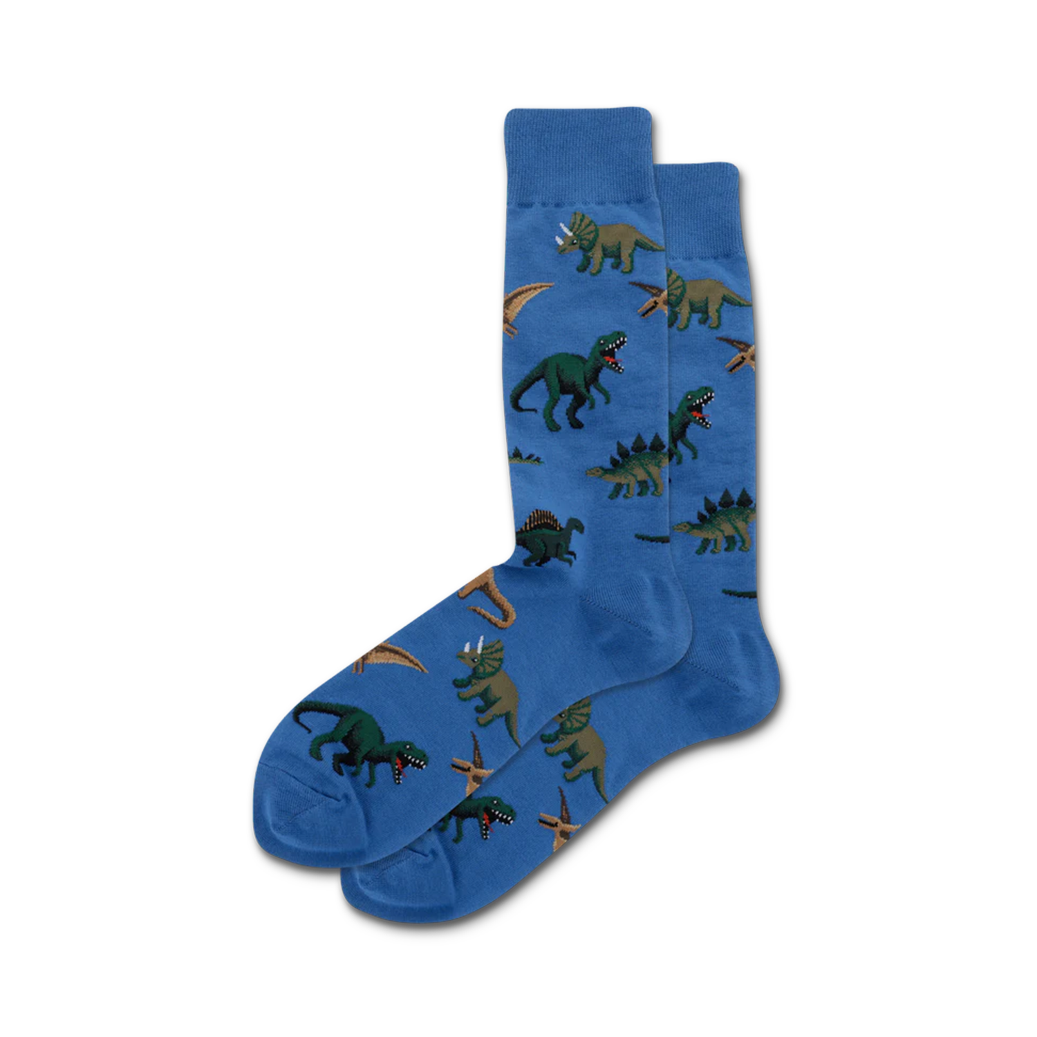 Pair of blue crew socks with a repeating pattern of green and brown dinosaurs. 