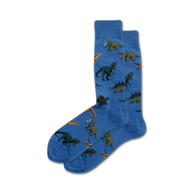 mens crew socks with green and brown dinosaur pattern (triceratops, tyrannosaurus rex, and pterodactyl)  