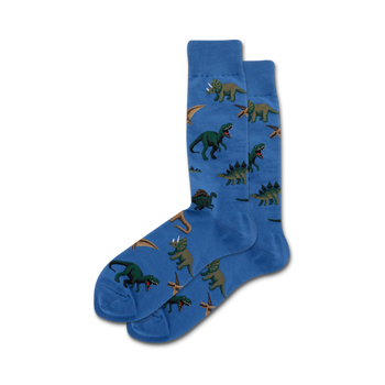 Pair of blue crew socks with a repeating pattern of green and brown dinosaurs. 