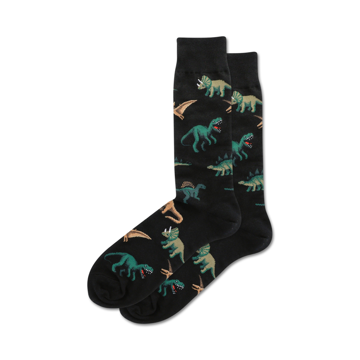 Pair of black crew socks with the same dinosaur pattern as the blue socks.