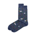 Pair of men's crew socks in navy blue.  They feature a repeating pattern of mallard ducks, cattails, and lily pads.
