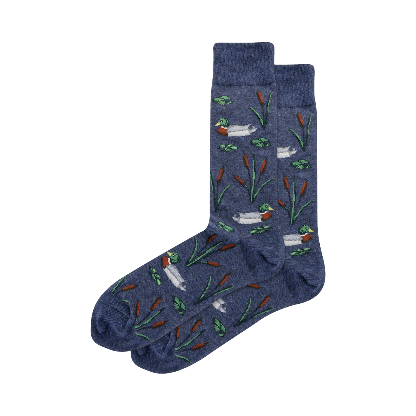 Pair of men's crew socks in navy blue.  They feature a repeating pattern of mallard ducks, cattails, and lily pads.