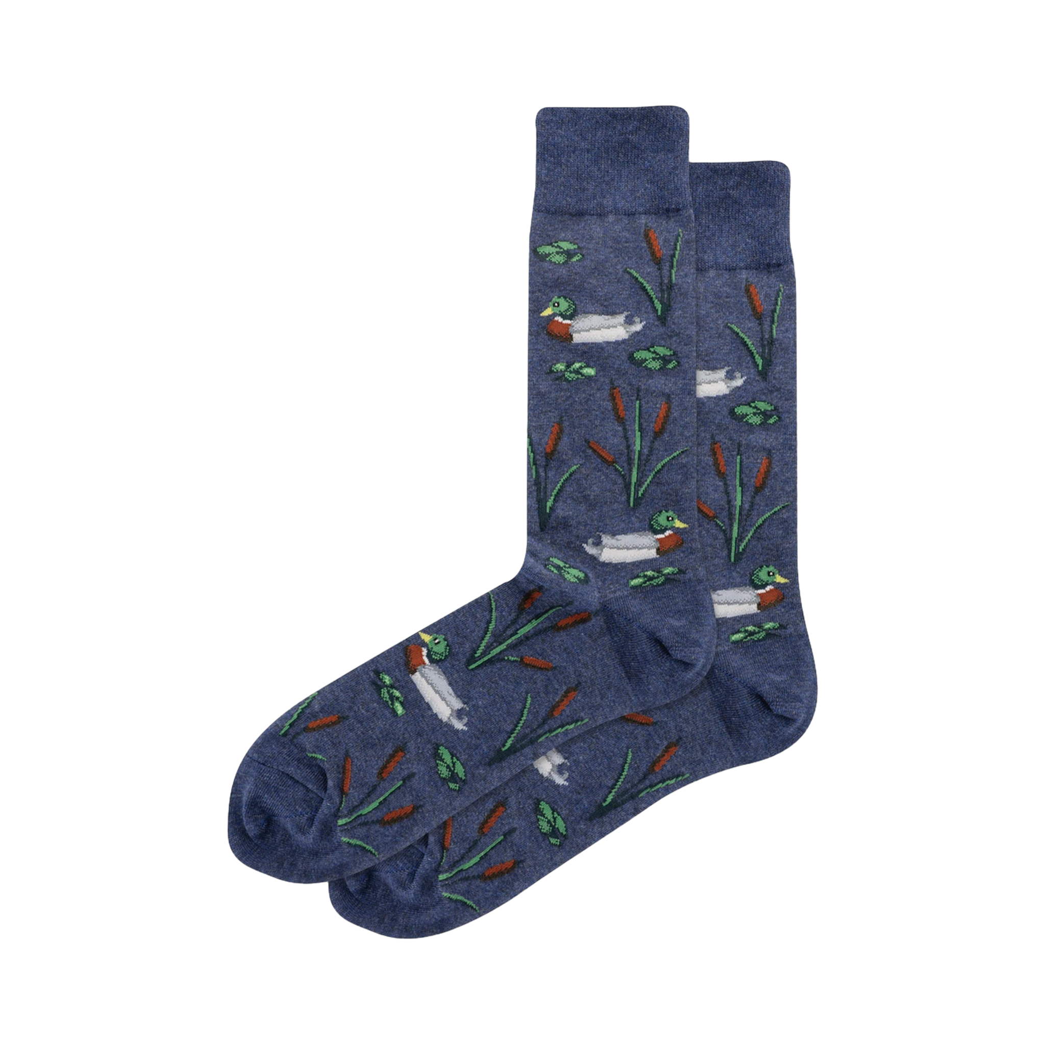 Pair of men's crew socks in navy blue.  They feature a repeating pattern of mallard ducks, cattails, and lily pads.
