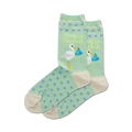 Pair of women's crew socks in mint green with a stork design, tiny hearts, and the text 'Totally Storked'.