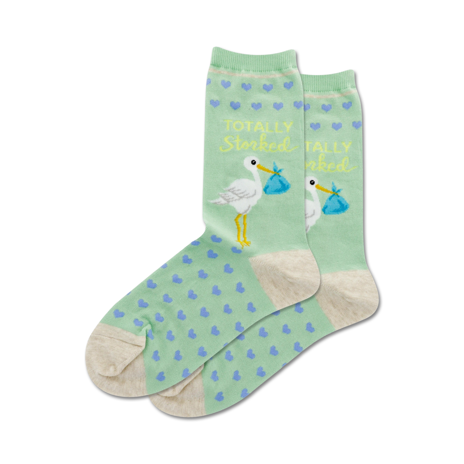 Pair of women's crew socks in mint green with a stork design, tiny hearts, and the text 'Totally Storked'.
