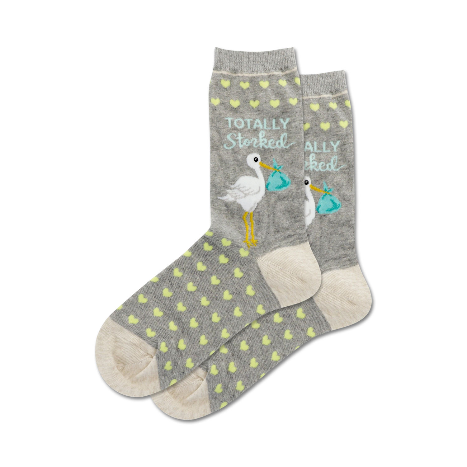 A close-up flatlay product shot showing a pair of grey 'Totally Storked' socks with pale yellow hearts.