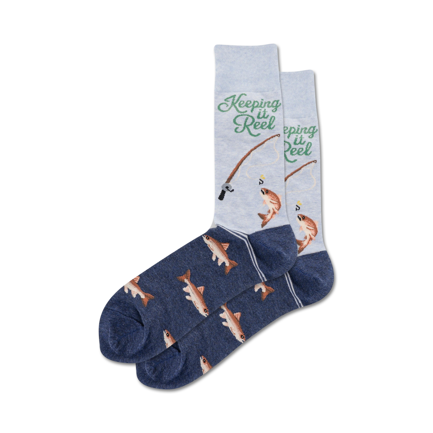 Pair of crew socks, navy blue and light grey, featuring a fishing-themed design with fish illustrations and the text 'Keeping it Reel'.