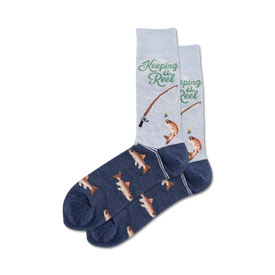 blue crew socks with brown and orange fish pattern and the words "keeping it reel" written in green.  