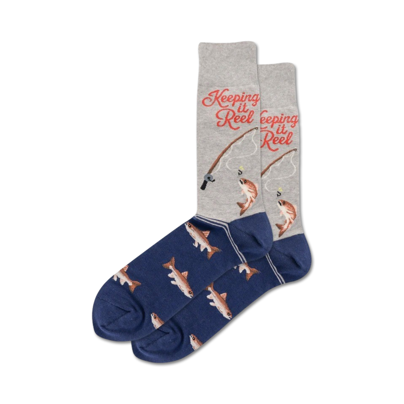 Lifestyle photo showing the 'Keeping it Reel' socks on a person's feet, highlighting their fit and design.