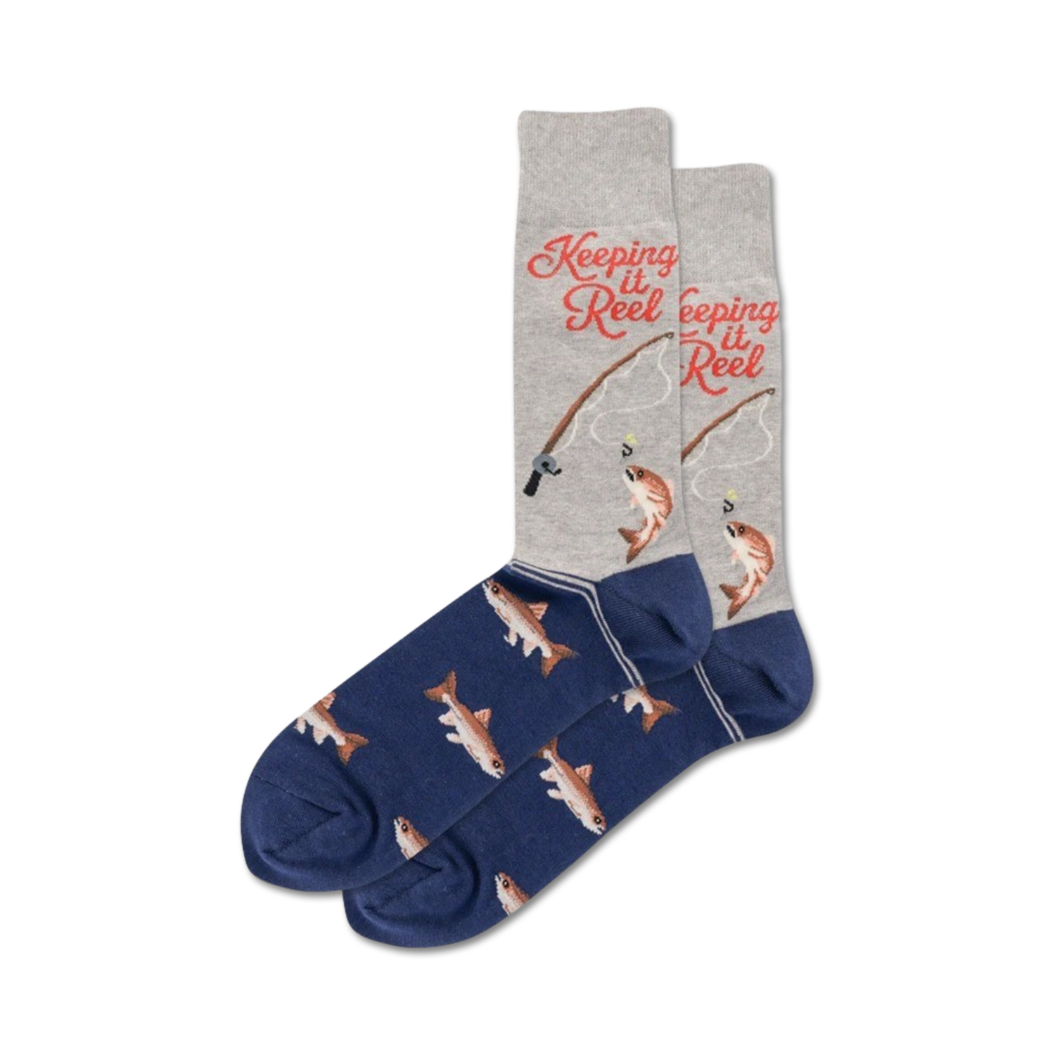 Lifestyle photo showing the 'Keeping it Reel' socks on a person's feet, highlighting their fit and design.