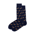 Pair of navy blue crew socks with a repeating pattern of small brown moose. The moose are a simple, almost pixelated design.