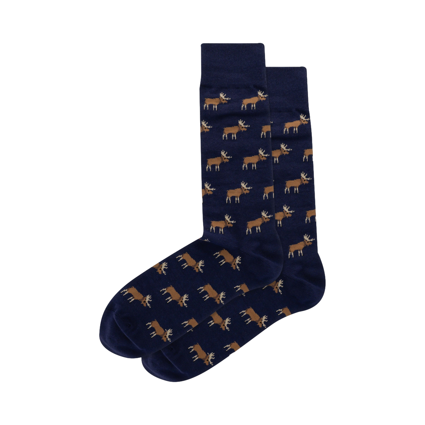 Pair of navy blue crew socks with a repeating pattern of small brown moose. The moose are a simple, almost pixelated design.