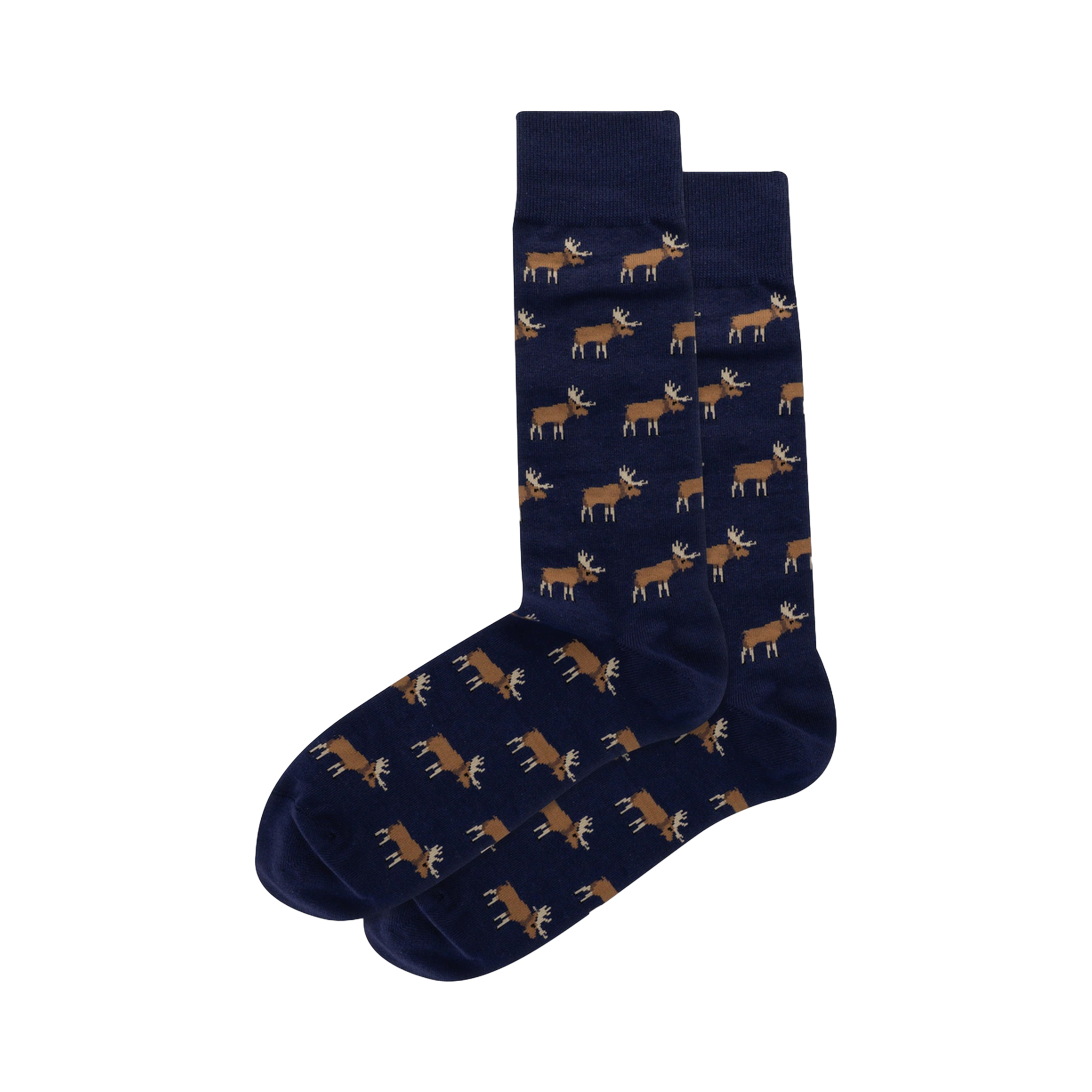 Pair of navy blue crew socks with a repeating pattern of small brown moose. The moose are a simple, almost pixelated design.
