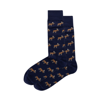 Pair of navy blue crew socks with a repeating pattern of small brown moose. The moose are a simple, almost pixelated design.