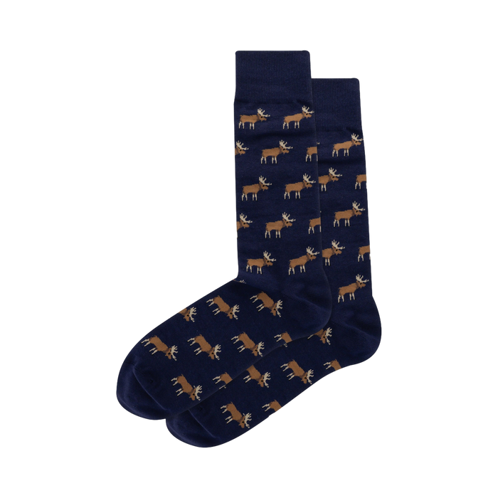 Pair of navy blue crew socks with a repeating pattern of small brown moose. The moose are a simple, almost pixelated design. }}