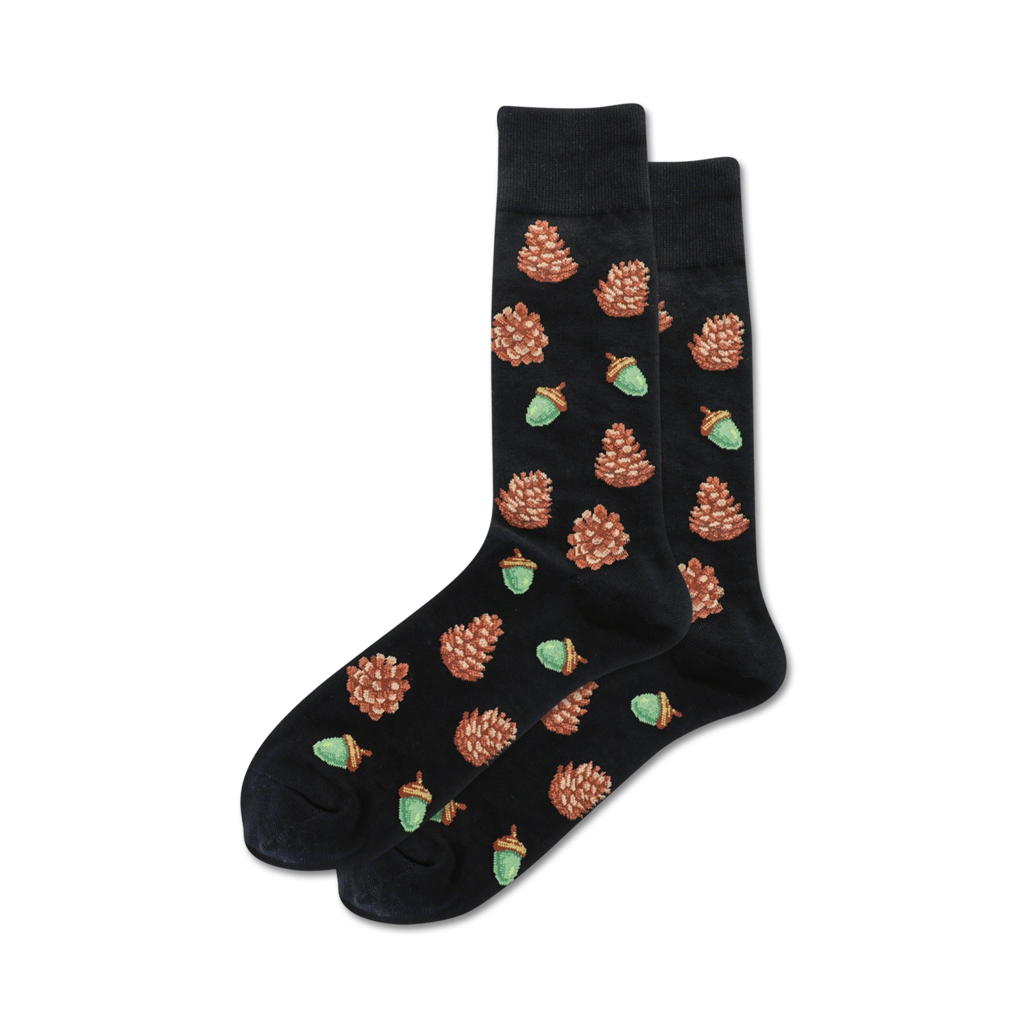 Pair of crew socks, black with brown pine cone and green acorn pattern.