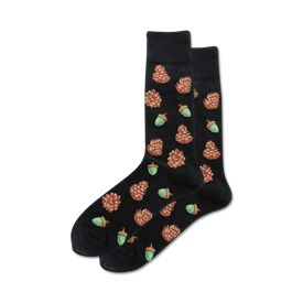 black crew socks with pine cone and acorn pattern for men.  