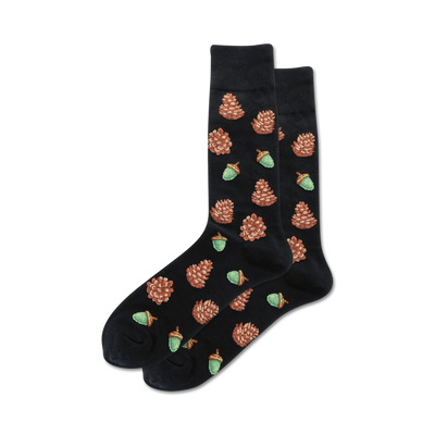 black crew socks with pine cone and acorn pattern for men.  