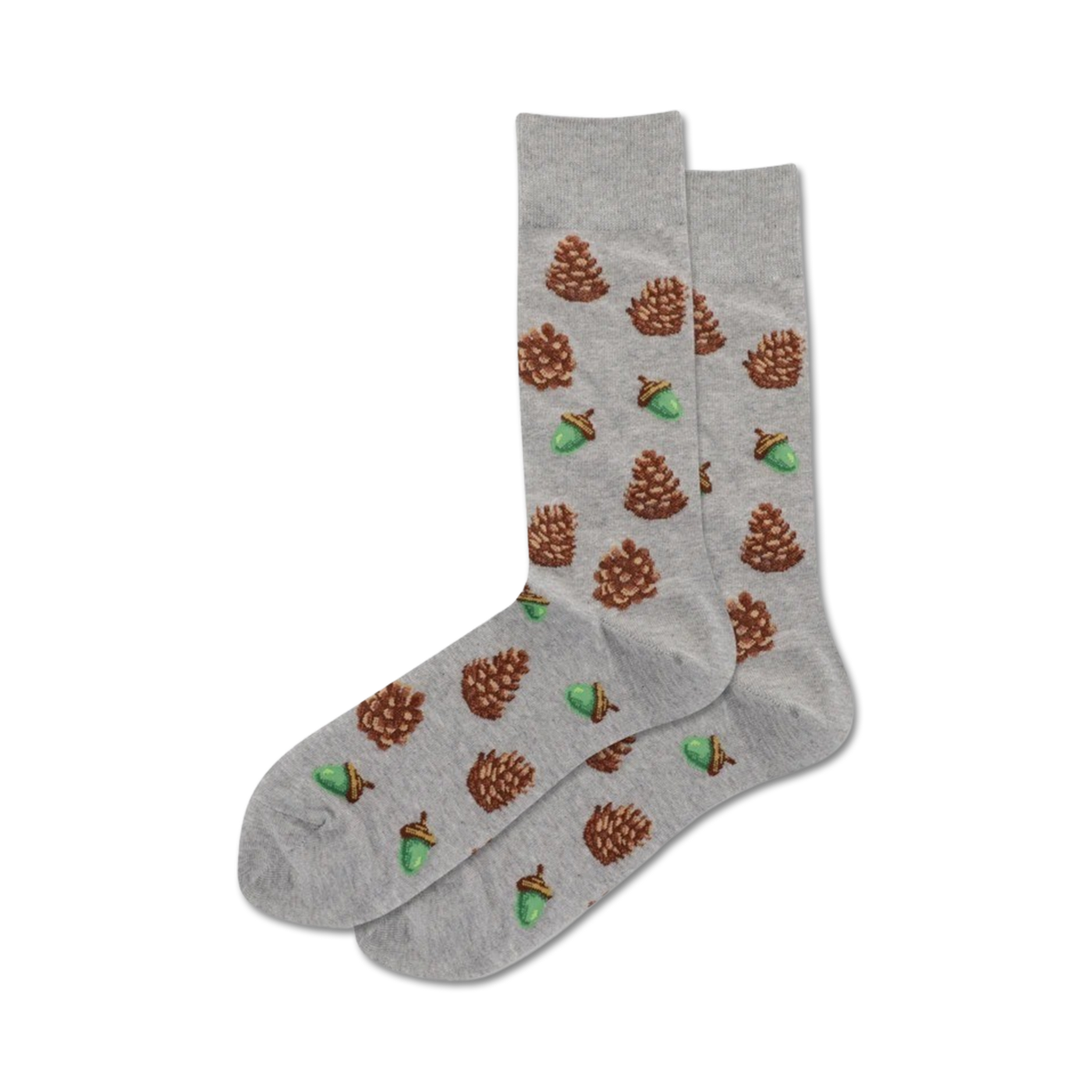 Lifestyle shot: Two pairs of Pine Cone socks, one black and one grey, rest on a surface.