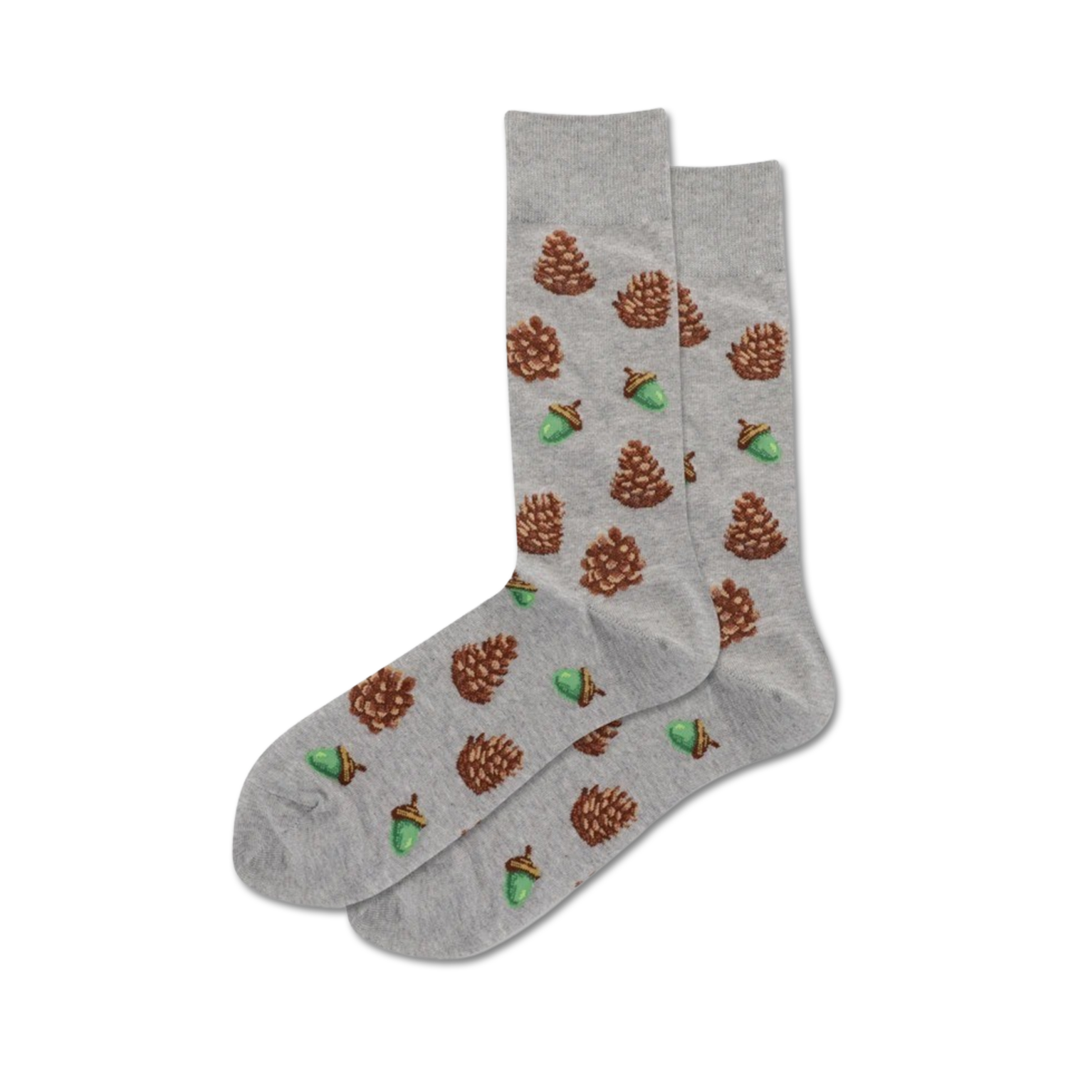 Lifestyle shot: Two pairs of Pine Cone socks, one black and one grey, rest on a surface.