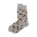 A pair of gray crew socks with a fun pattern of red and yellow ATVs. Perfect for outdoor adventures!