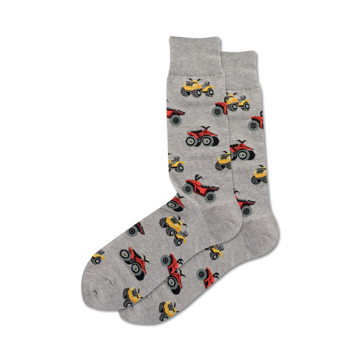 A pair of gray crew socks with a fun pattern of red and yellow ATVs. Perfect for outdoor adventures!