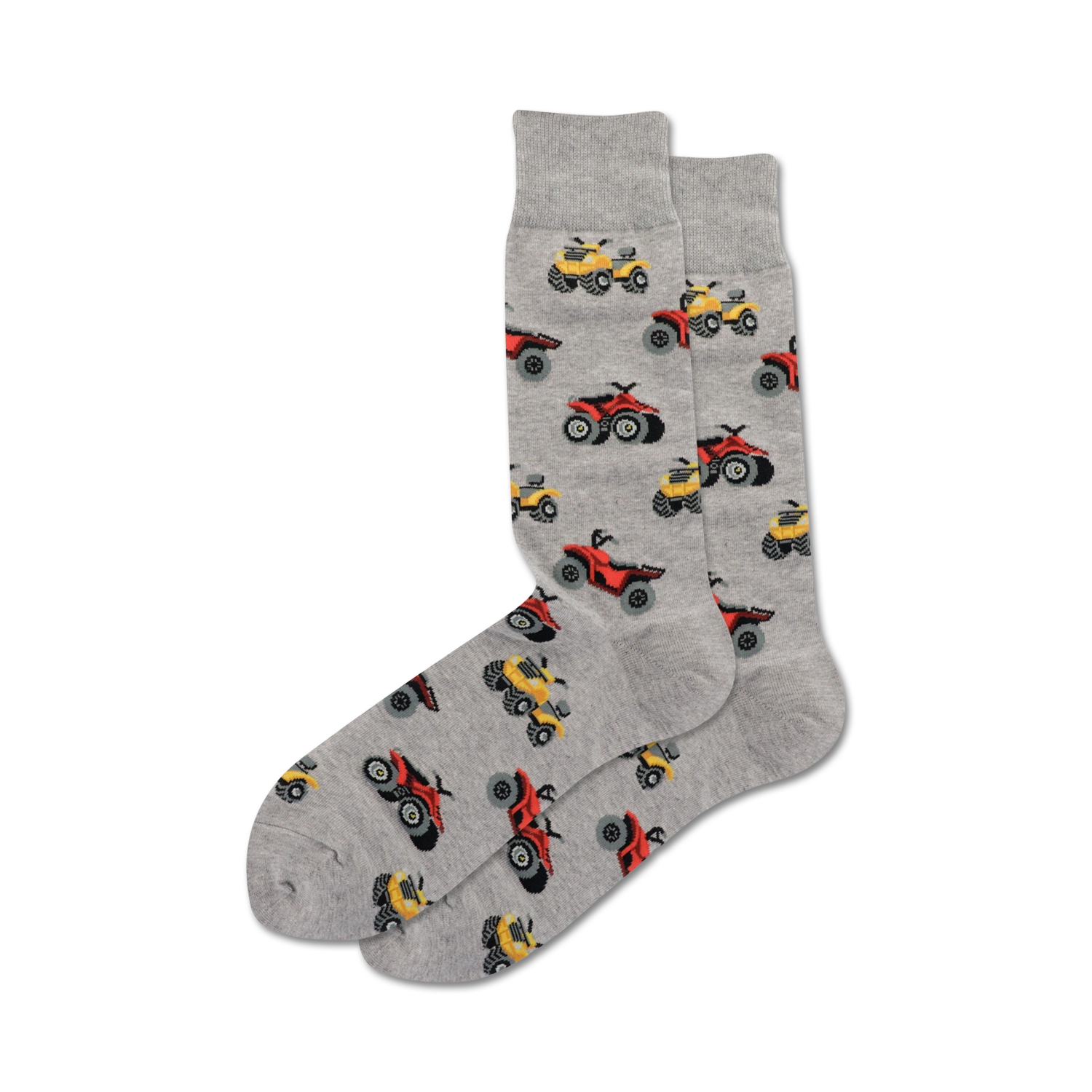 A pair of gray crew socks with a fun pattern of red and yellow ATVs. Perfect for outdoor adventures!