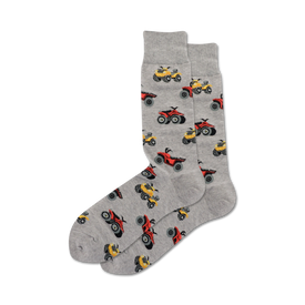 crew length grey socks feature an all-over print of red, yellow, and black atvs. great for men who love to ride.   