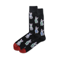 Pair of black crew socks with a pattern of gray cats wearing ties.  Red and green accents on the cuffs.