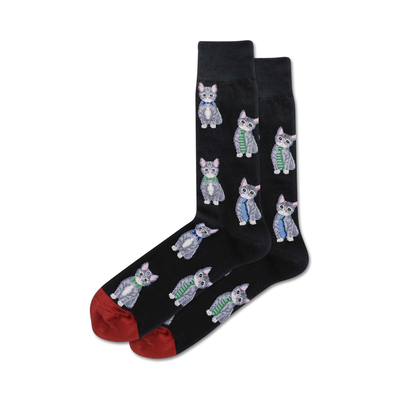 Pair of black crew socks with a pattern of gray cats wearing ties.  Red and green accents on the cuffs.