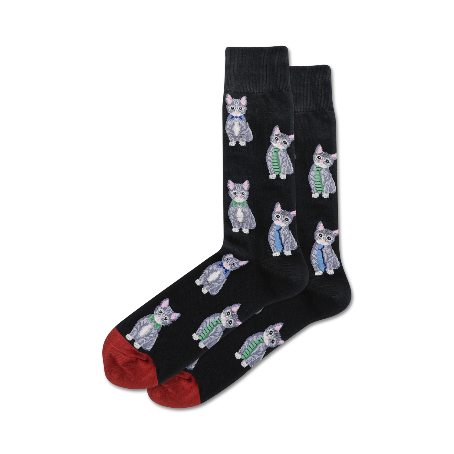 Pair of black crew socks with a pattern of gray cats wearing ties.  Red and green accents on the cuffs.