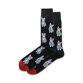  black crew socks with pattern of gray cats wearing ties. mens.   