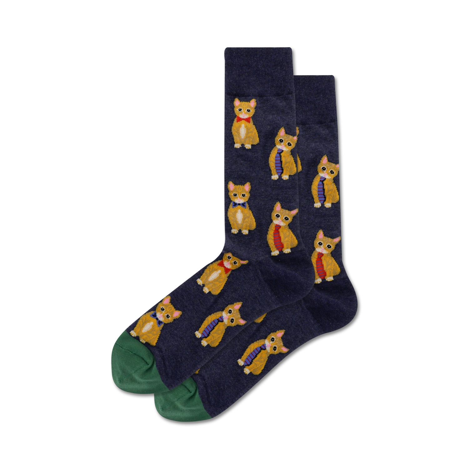 Close-up showing detail of the orange cat wearing a tie on dark blue crew socks with green cuffs.