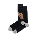 Pair of black crew socks with a bronze-toned image of Rodin's 'The Thinker' sculpture.  The socks have grey heels and toes.
