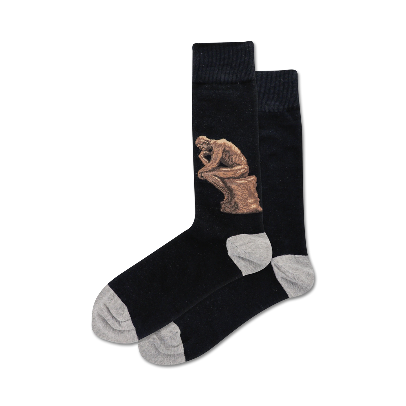 Pair of black crew socks with a bronze-toned image of Rodin's 'The Thinker' sculpture.  The socks have grey heels and toes.