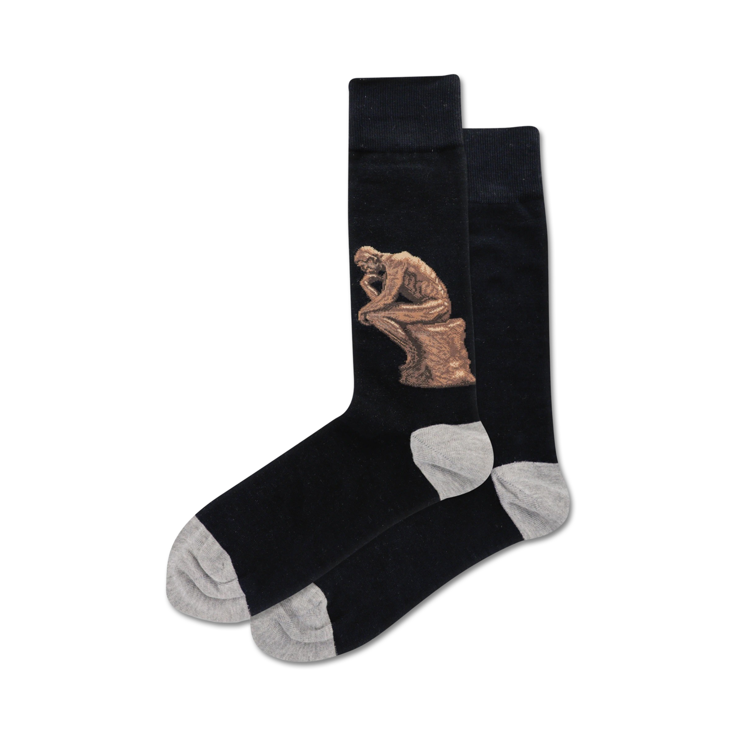 Pair of black crew socks with a bronze-toned image of Rodin's 'The Thinker' sculpture.  The socks have grey heels and toes.
