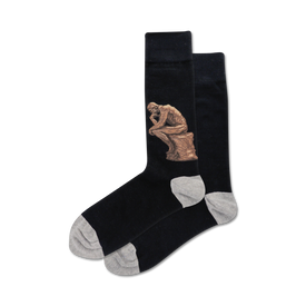 black, grey and white crew socks with repeating the thinker sculpture design.  