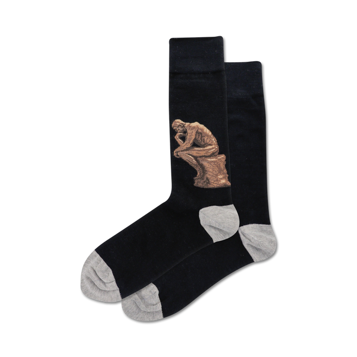 black, grey and white crew socks with repeating the thinker sculpture design.   }}
