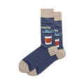 Pair of navy blue crew socks with a tan cuff.  The socks feature a graphic of whiskey glasses and the text 'You're Neat!'.