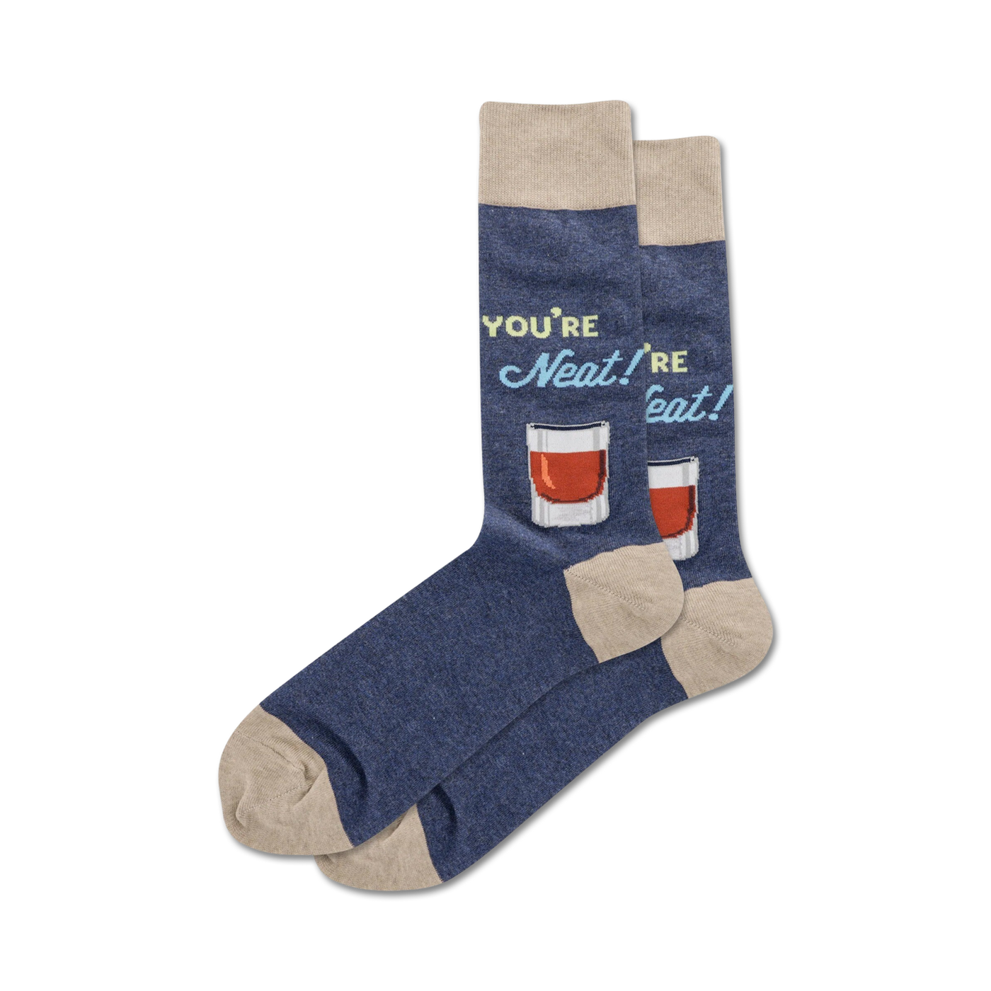 Pair of navy blue crew socks with a tan cuff.  The socks feature a graphic of whiskey glasses and the text 'You're Neat!'.