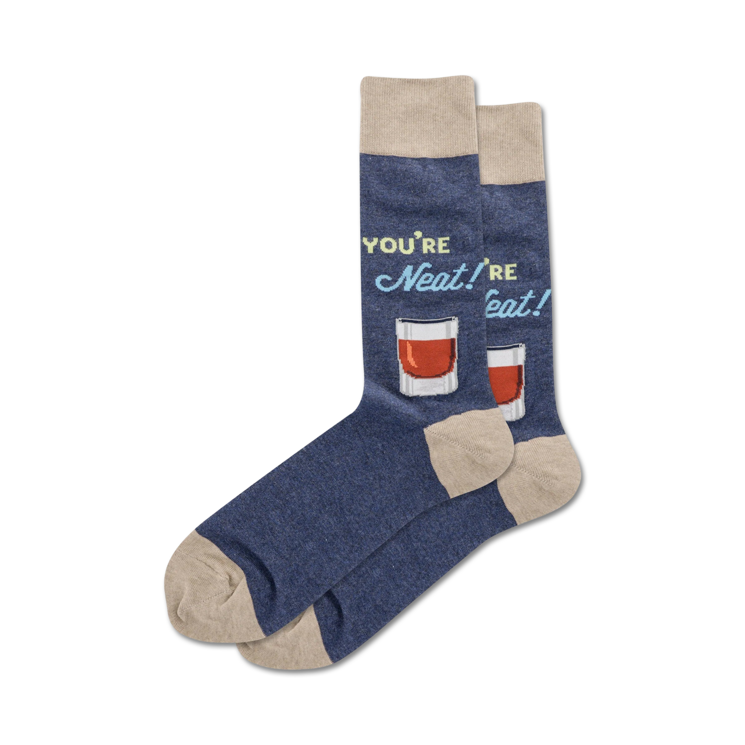 Pair of navy blue crew socks with a tan cuff.  The socks feature a graphic of whiskey glasses and the text 'You're Neat!'.