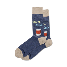 blue novelty socks with cartoon whiskey glasses and whiskey puns. perfect for whiskey lovers.   