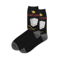 Pair of black crew socks with a grey cuff.  The socks feature a funny "I Can't Cook" text graphic with takeout boxes and chopsticks.
