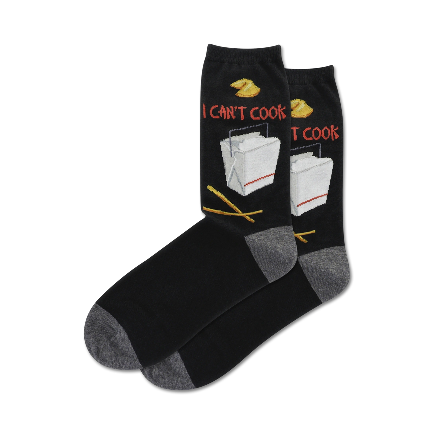 Pair of black crew socks with a grey cuff.  The socks feature a funny "I Can't Cook" text graphic with takeout boxes and chopsticks.