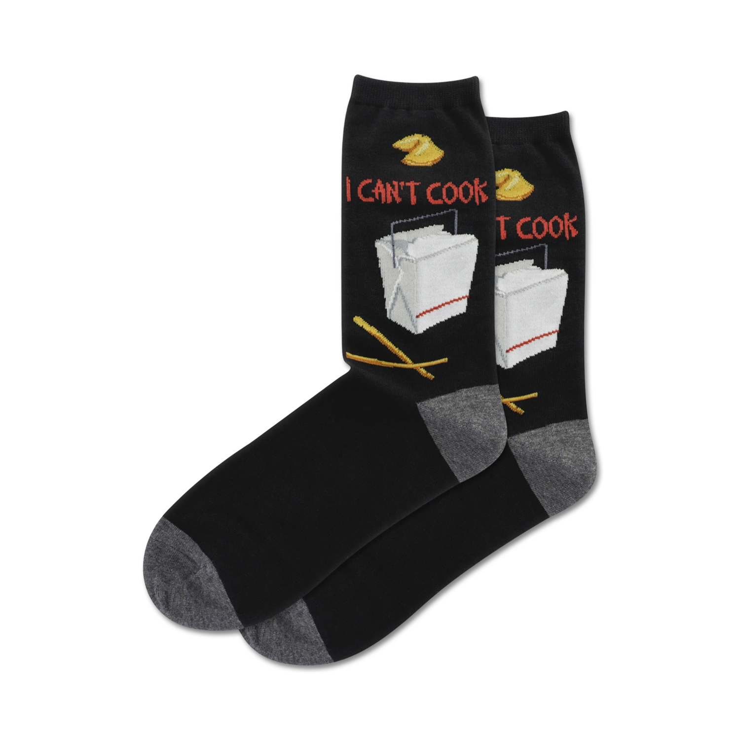 Pair of black crew socks with a grey cuff.  The socks feature a funny "I Can't Cook" text graphic with takeout boxes and chopsticks.