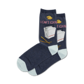 Lifestyle shot showing the 'I Can't Cook' socks in navy blue with a light blue cuff on a model's feet.