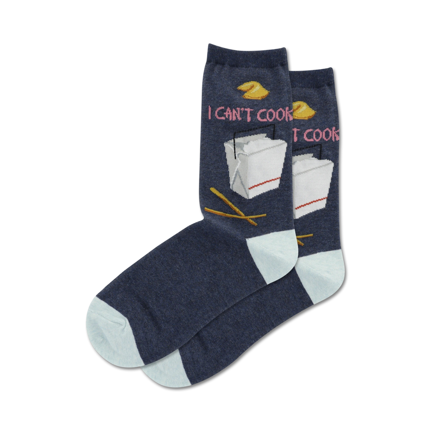 Lifestyle shot showing the 'I Can't Cook' socks in navy blue with a light blue cuff on a model's feet.